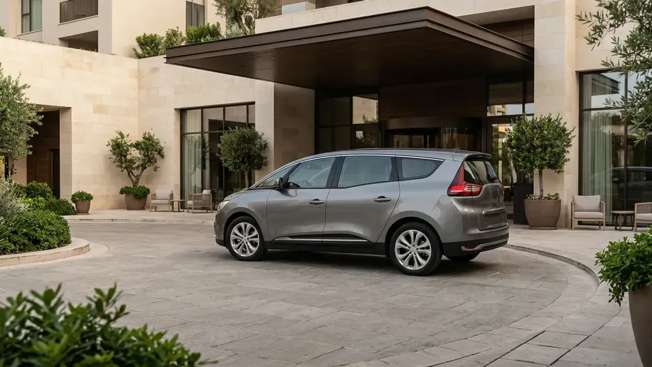 Vehicule gris banalise sans logo devant un hotel