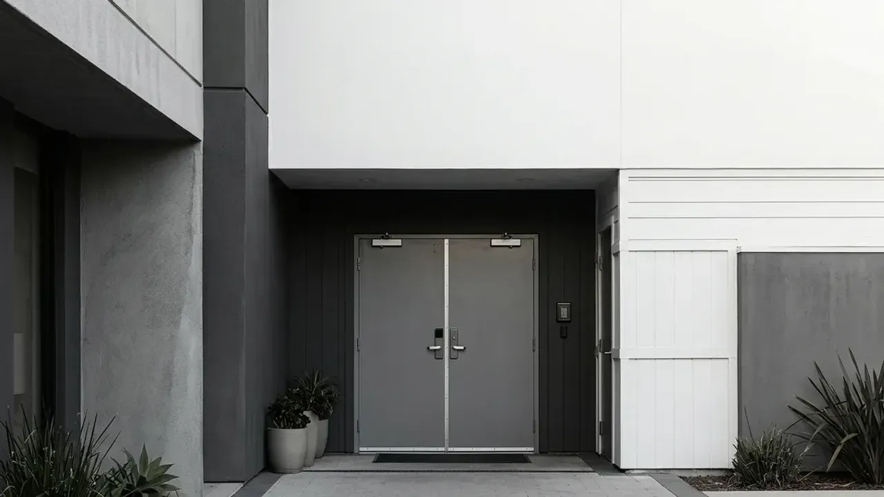 Entrée de service discrète d'un hôtel premium, accès technique sans signalisation visible