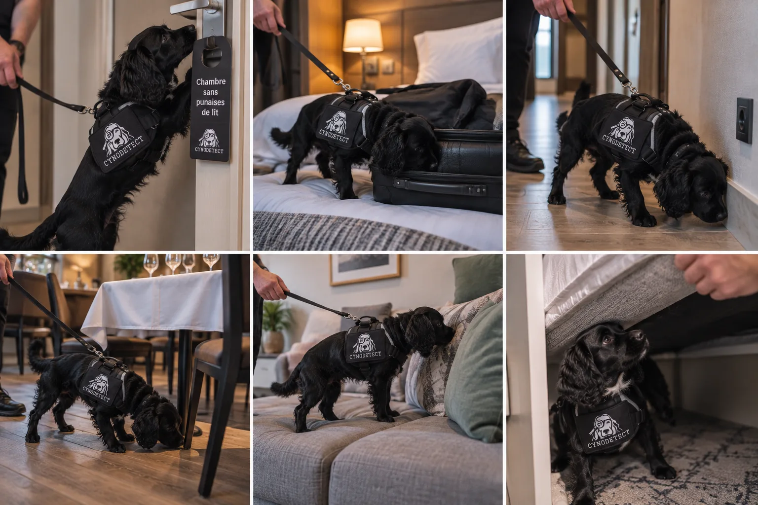 Rambo, chien renifleur Cynodetect, inspectant plusieurs zones d'une chambre d'hotel lors de la preparation de l'espace
