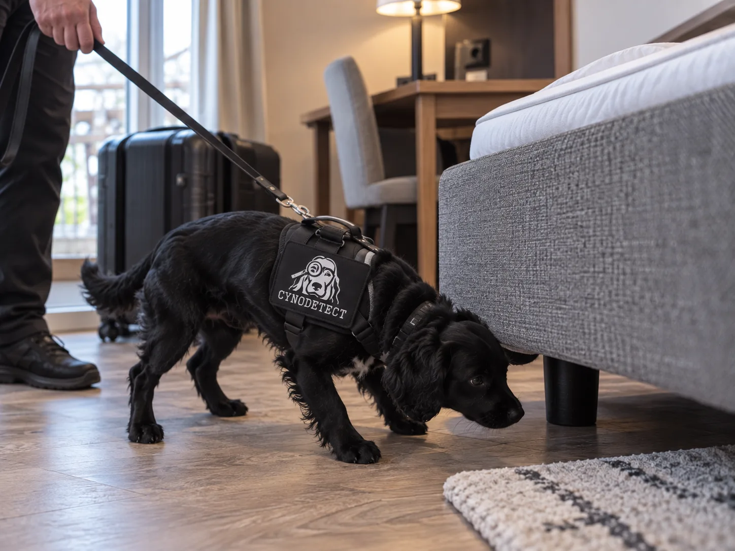 Rambo, chien renifleur Cynodetect avec son harnais, reniflant un canape lors de la detection canine de punaises de lit