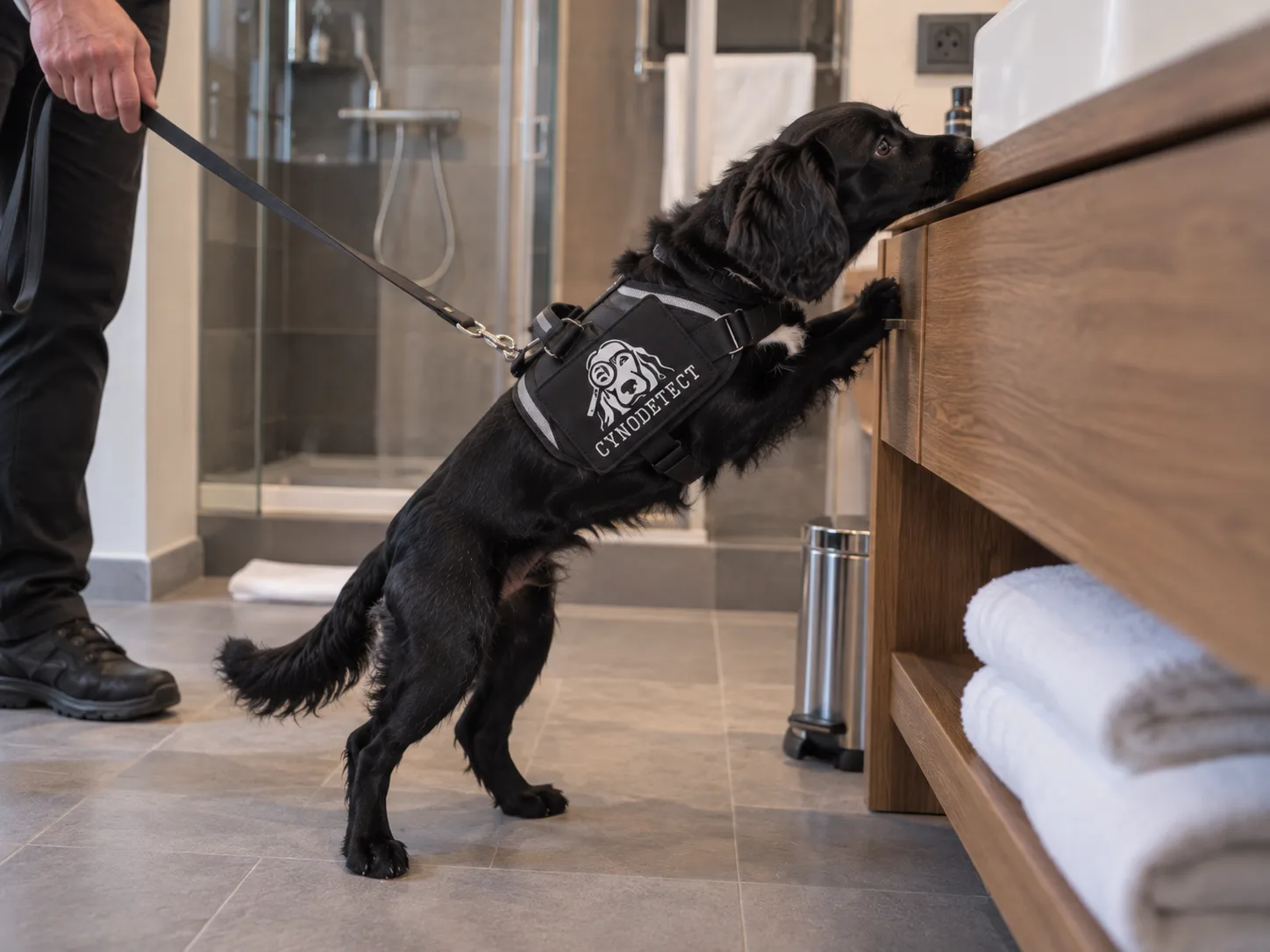 Rambo, chien renifleur Cynodetect, inspectant un meuble en bois lors de l'elaboration du diagnostic neutre