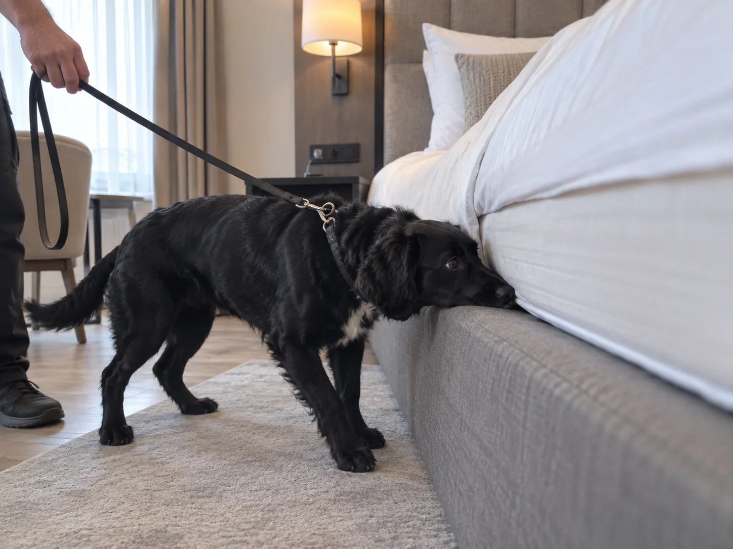 Rambo, chien renifleur Cynodetect, controlant le bord d'un canape lors du controle post-traitement