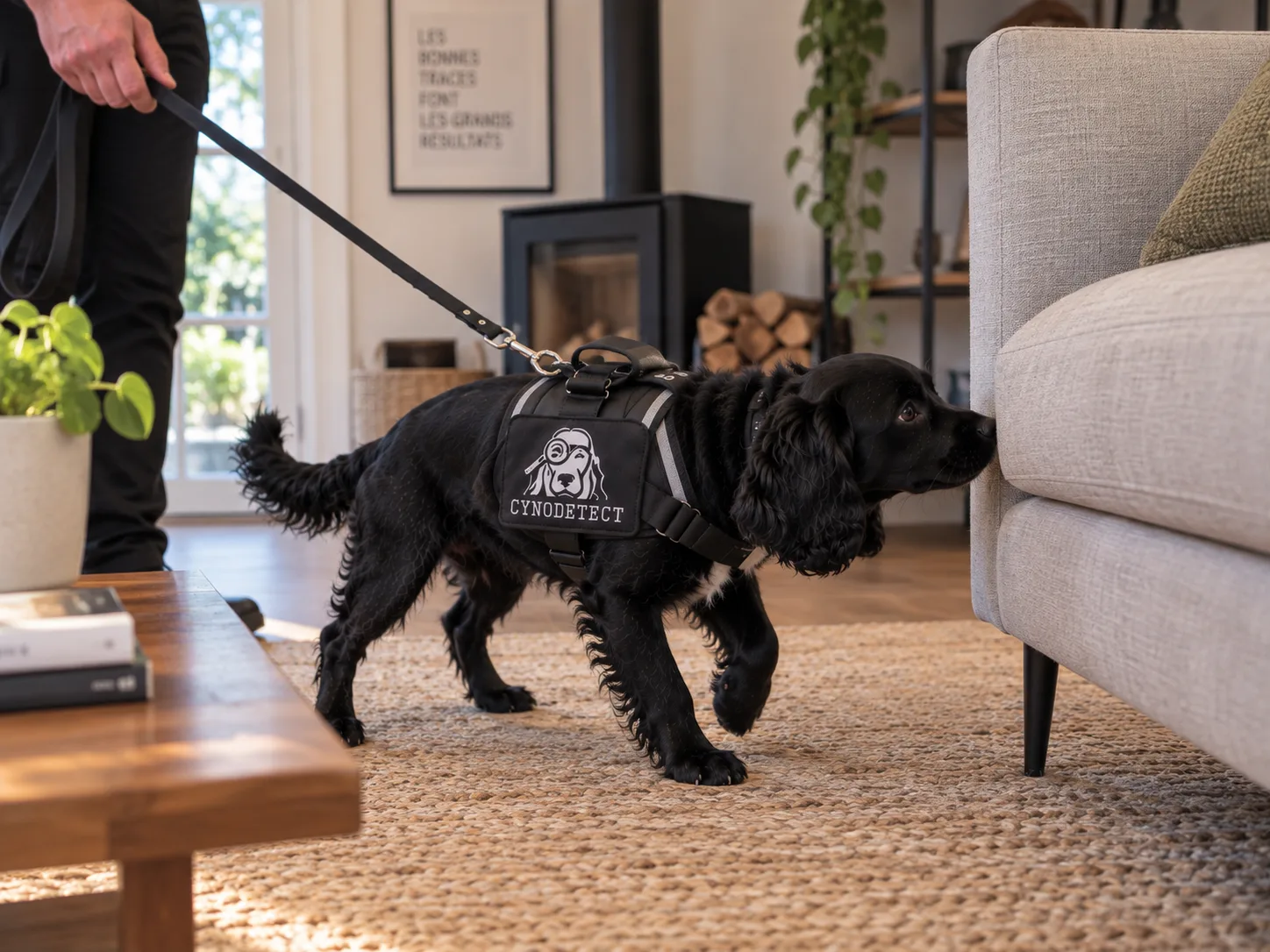 Chien de détection de punaises de lit au travail, illustrant la méthode canine fiable et écologique de Cynodetect