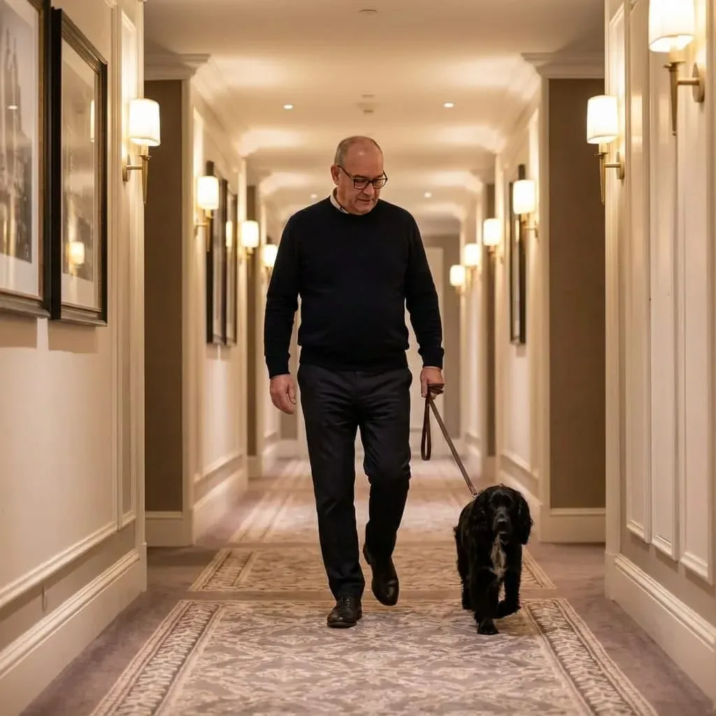 Agent en tenue civile neutre avec son chien dans un couloir d'hôtel premium, sans uniforme ni signe distinctif